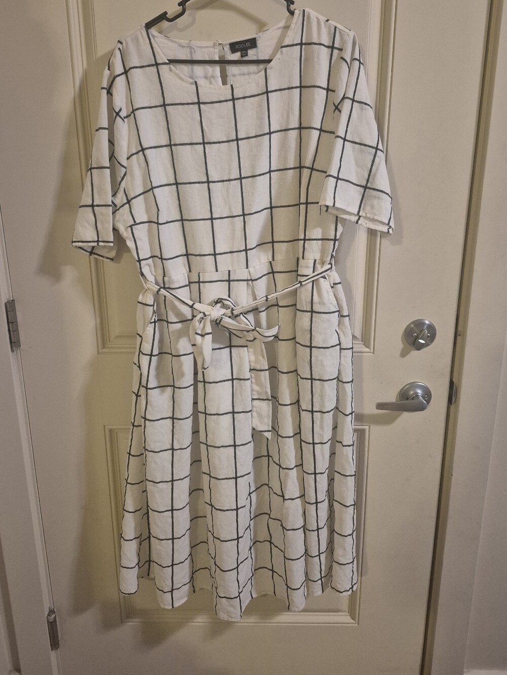 Roolee White Grid Tie-Waist Midi Dress